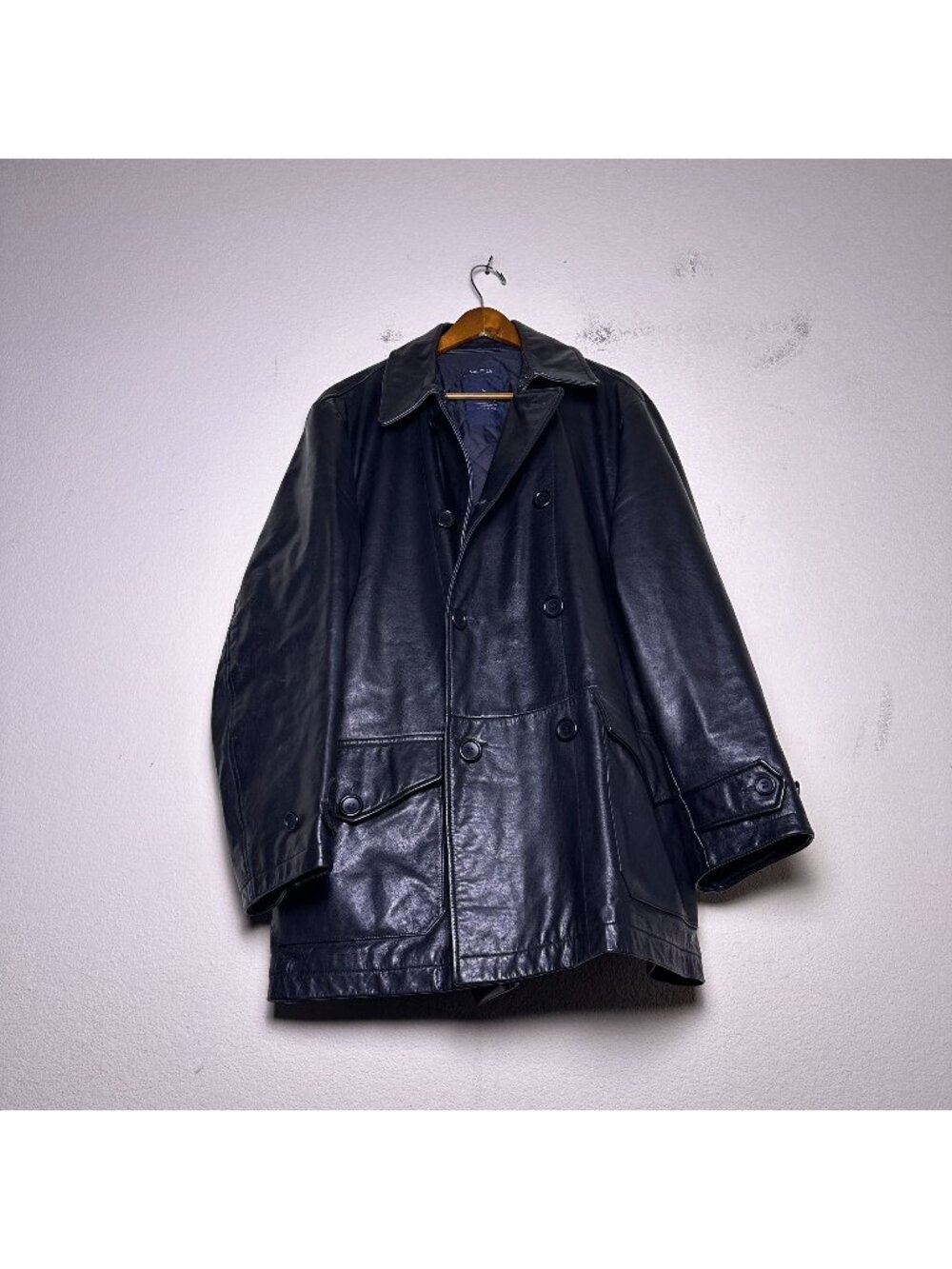 Nautica Black Overcoat Jacket Men L Outerwear Trench Button Up Leather Biker